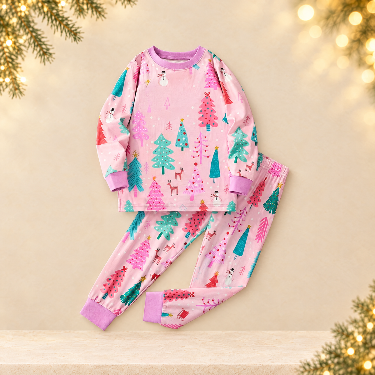 Christmas tree print pajamas — ivory Christmas product photograph