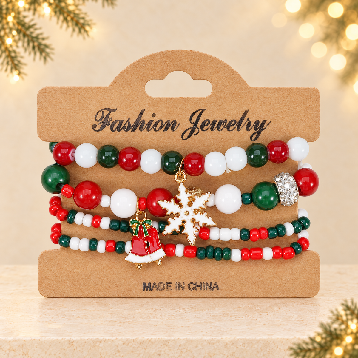 Christmas Elastic Bracelet with Holiday Charms — ivory Christmas product photograph