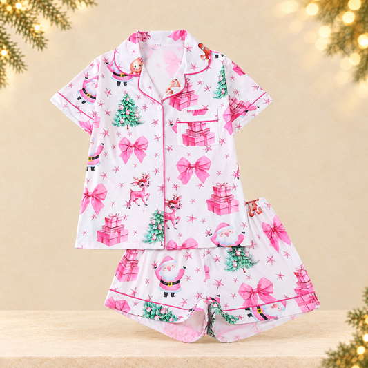 Women's Christmas Print Lapel Short Sleeve Pajama Set — ivory Christmas product photograph