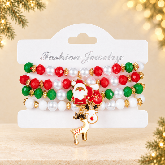 Christmas Series Pearl Soft Clay Rice Bead Bracelet Santa Bell Elk Pendant Bracelet Set — ivory Christmas product photograph