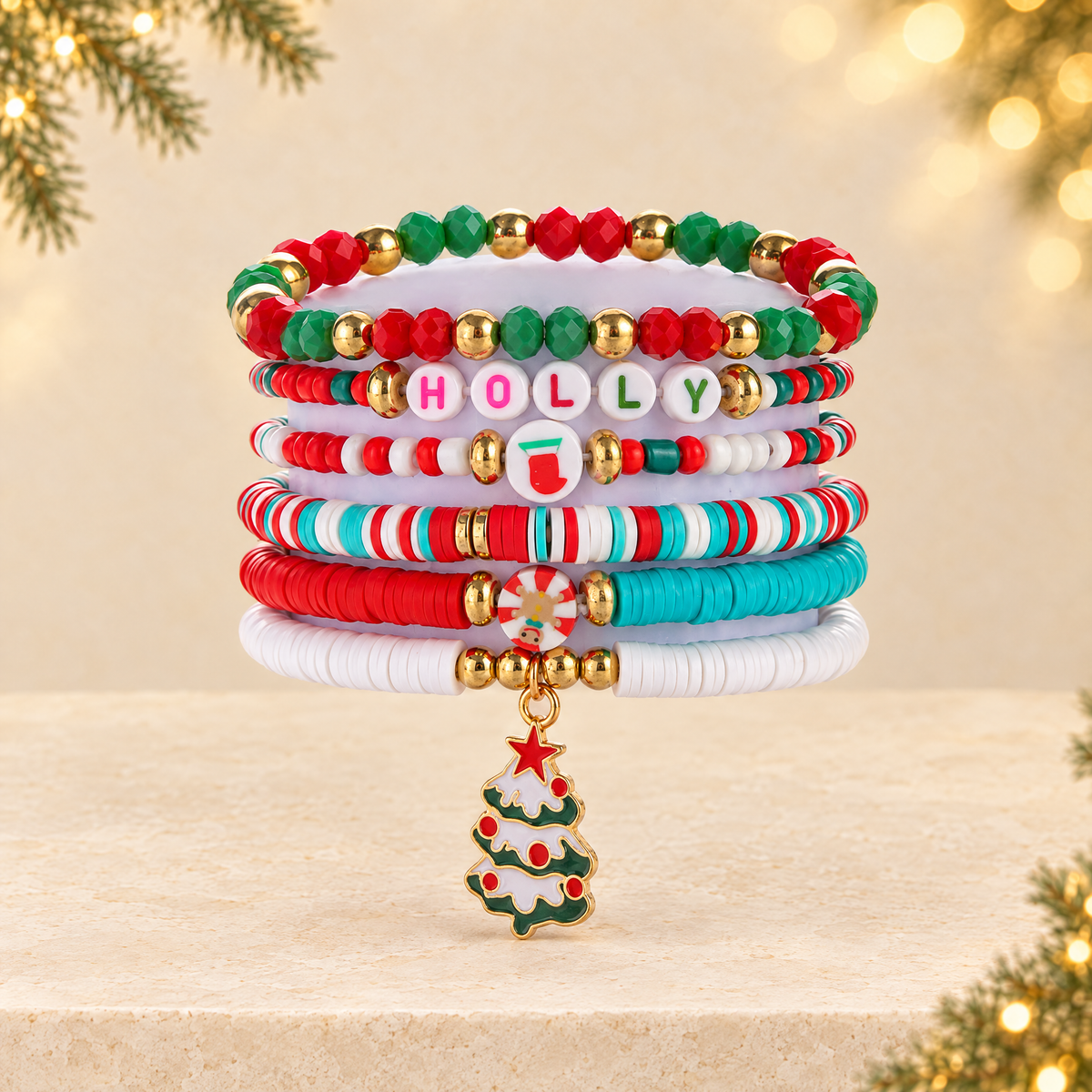 Christmas Beaded Bracelet Alloy Pendant Hand Chain — ivory Christmas product photograph
