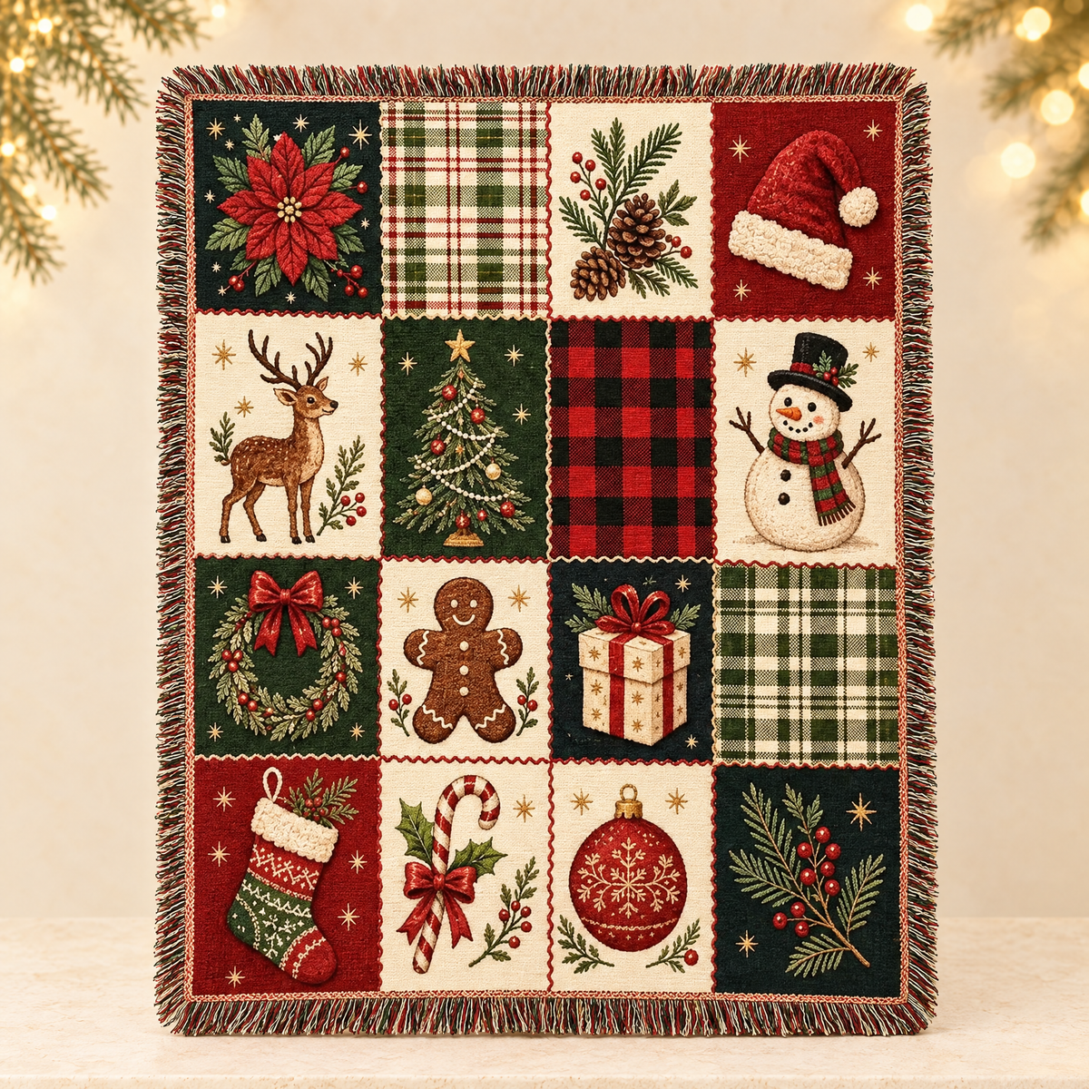 Retro Christmas Tassel Tapestry Throw Blanket — ivory Christmas product photograph