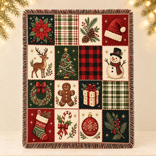 Retro Christmas Tassel Tapestry Throw Blanket — ivory Christmas product photograph