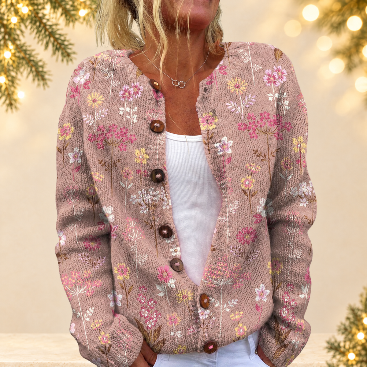 Christmas sweater vintage round-neck cardigan — ivory Christmas product photograph