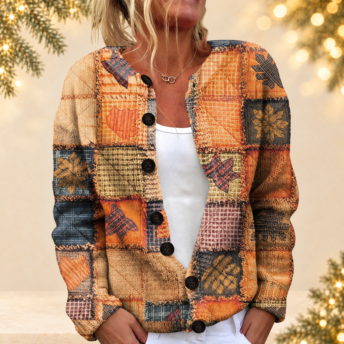 Christmas sweater vintage round-neck cardigan — ivory Christmas product photograph
