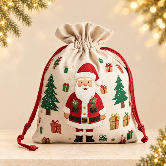 Christmas Cotton Drawstring Gift Bags for Parties — ivory Christmas product photograph
