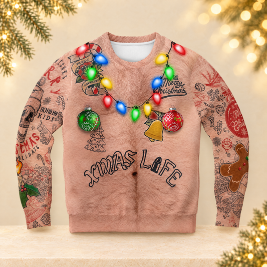 3D Printed Funny Chest Hair Couple Sweatshirt Long Sleeve Pullover Christmas Top — ivory Christmas product photograph