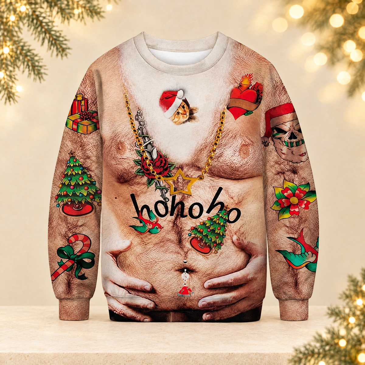 3D Printed Funny Chest Hair Couple Sweatshirt Long Sleeve Pullover Christmas Top — ivory Christmas product photograph