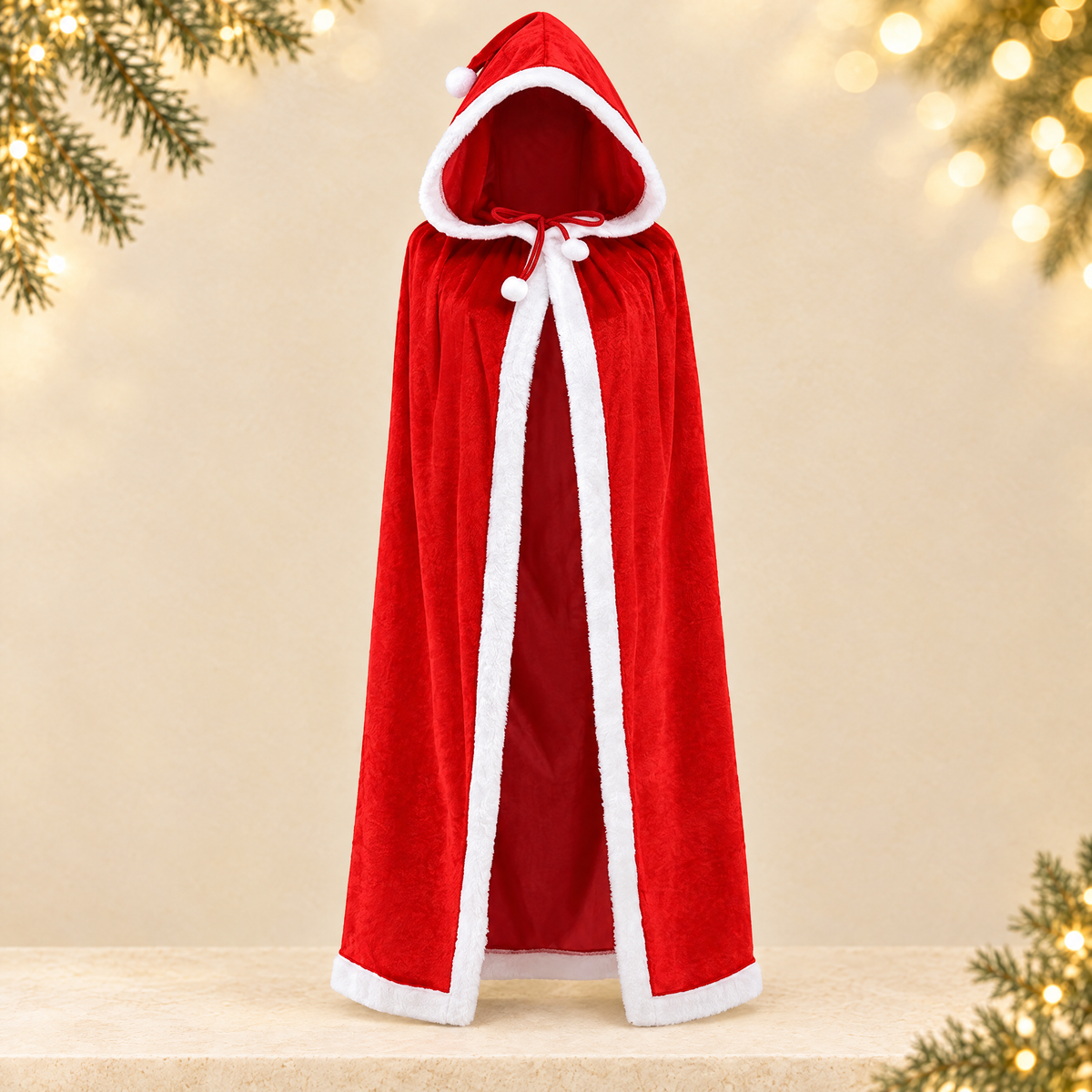 Gold Velvet Hooded Christmas Cloak with Balls — ivory Christmas product photograph