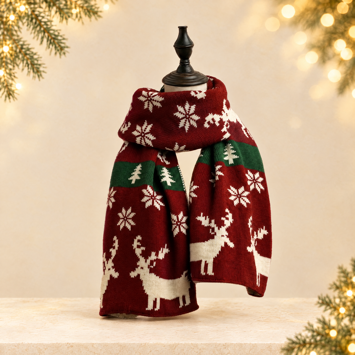 Knitted Winter Scarf with Christmas Patterns — ivory Christmas product photograph