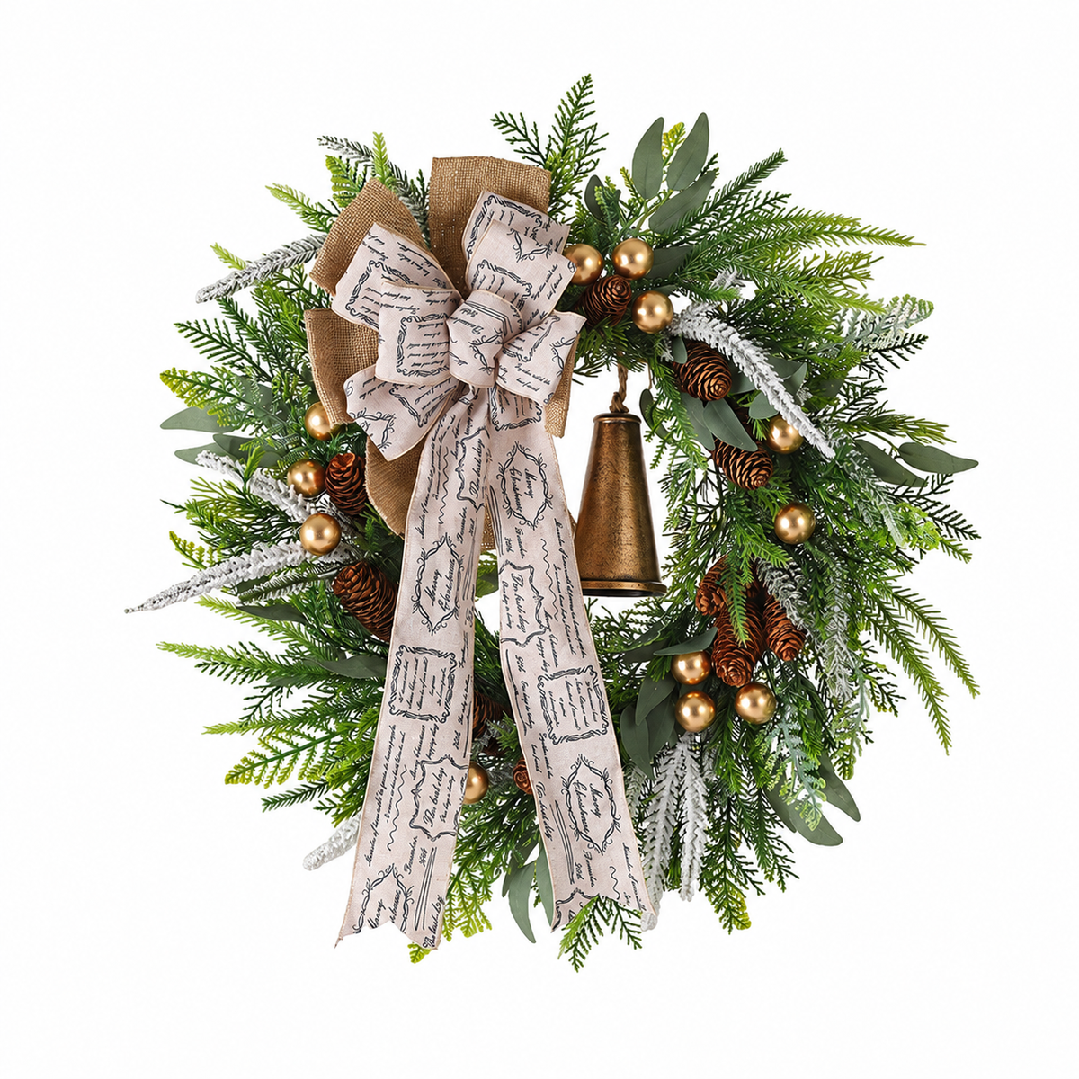 Large bell Christmas wreath with printed ribbon and pinecones