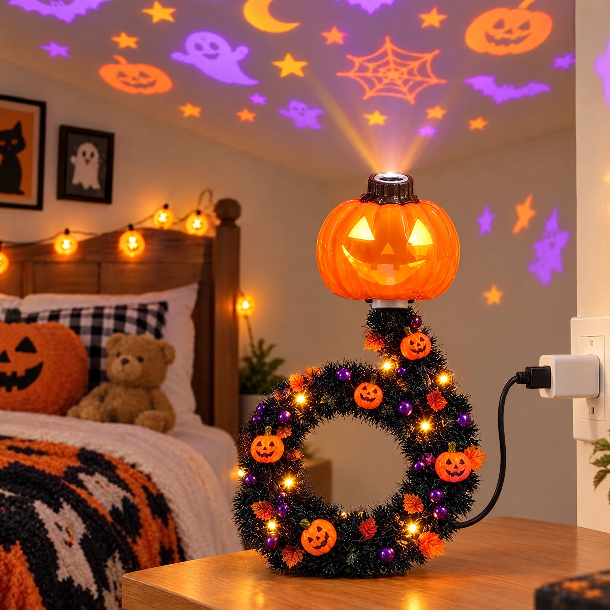 Halloween pumpkin USB projector showing ghost and pumpkin light patterns
