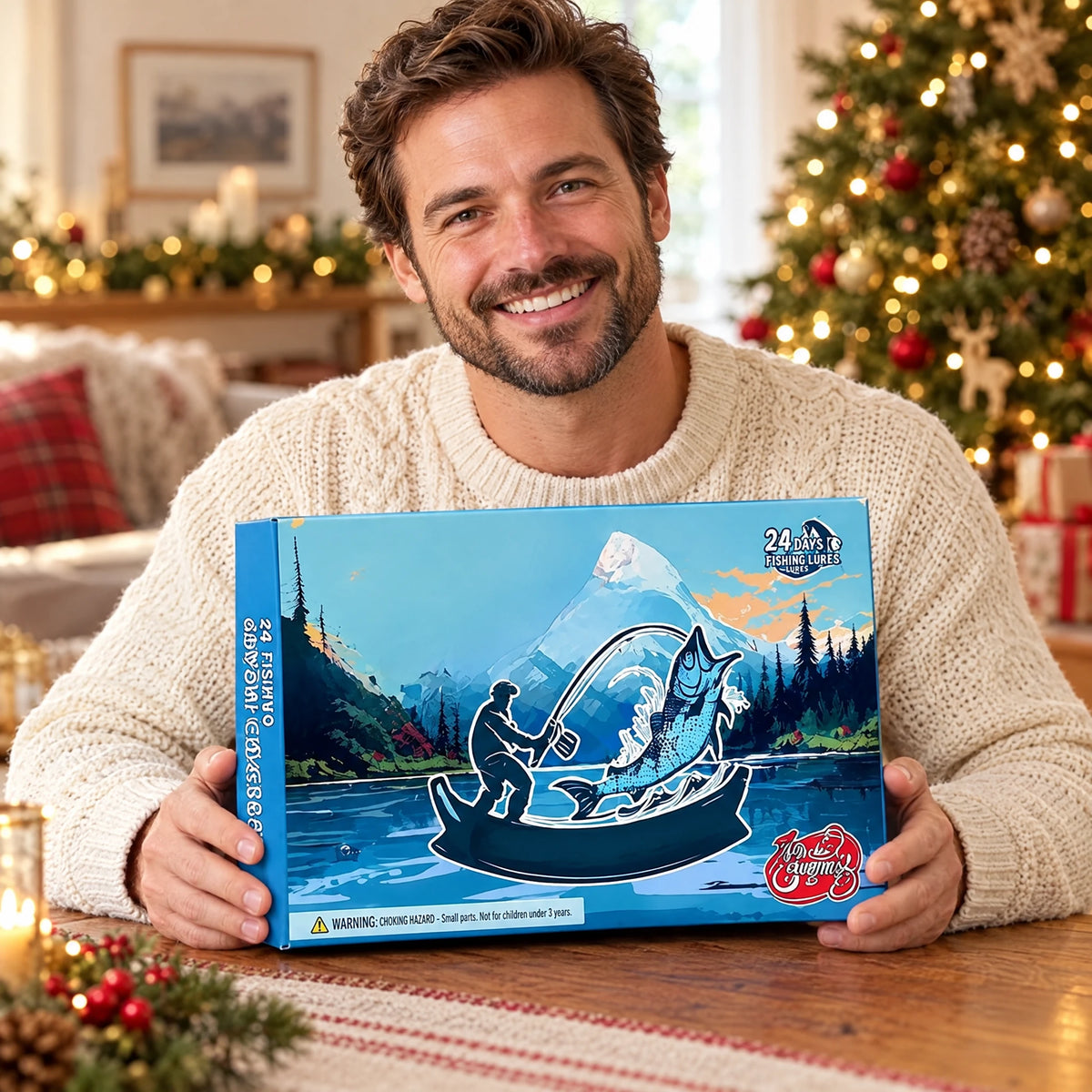 Fishing advent calendar blue gift box held in a Christmas living room