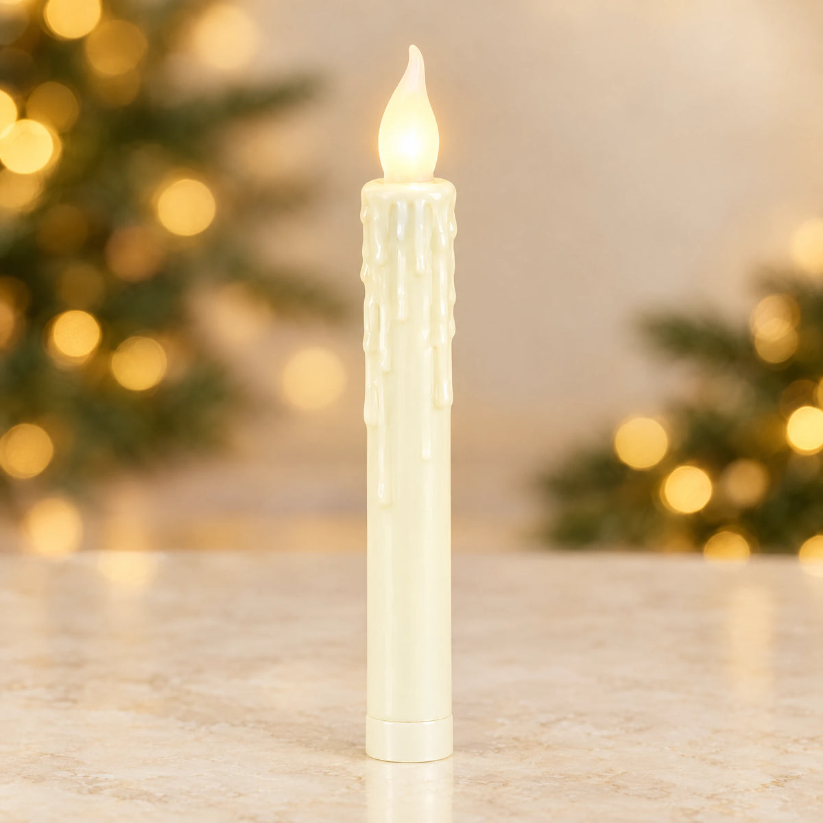 Warm white LED sculpted wax-drip candle detail from the 20-piece option