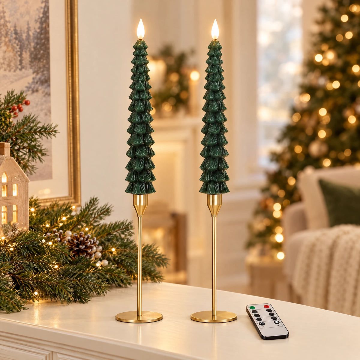 Two green LED taper candles styled in brass holders; holders are styling props