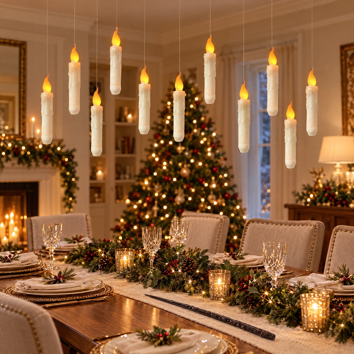 Floating LED candles suspended above a Christmas dining table