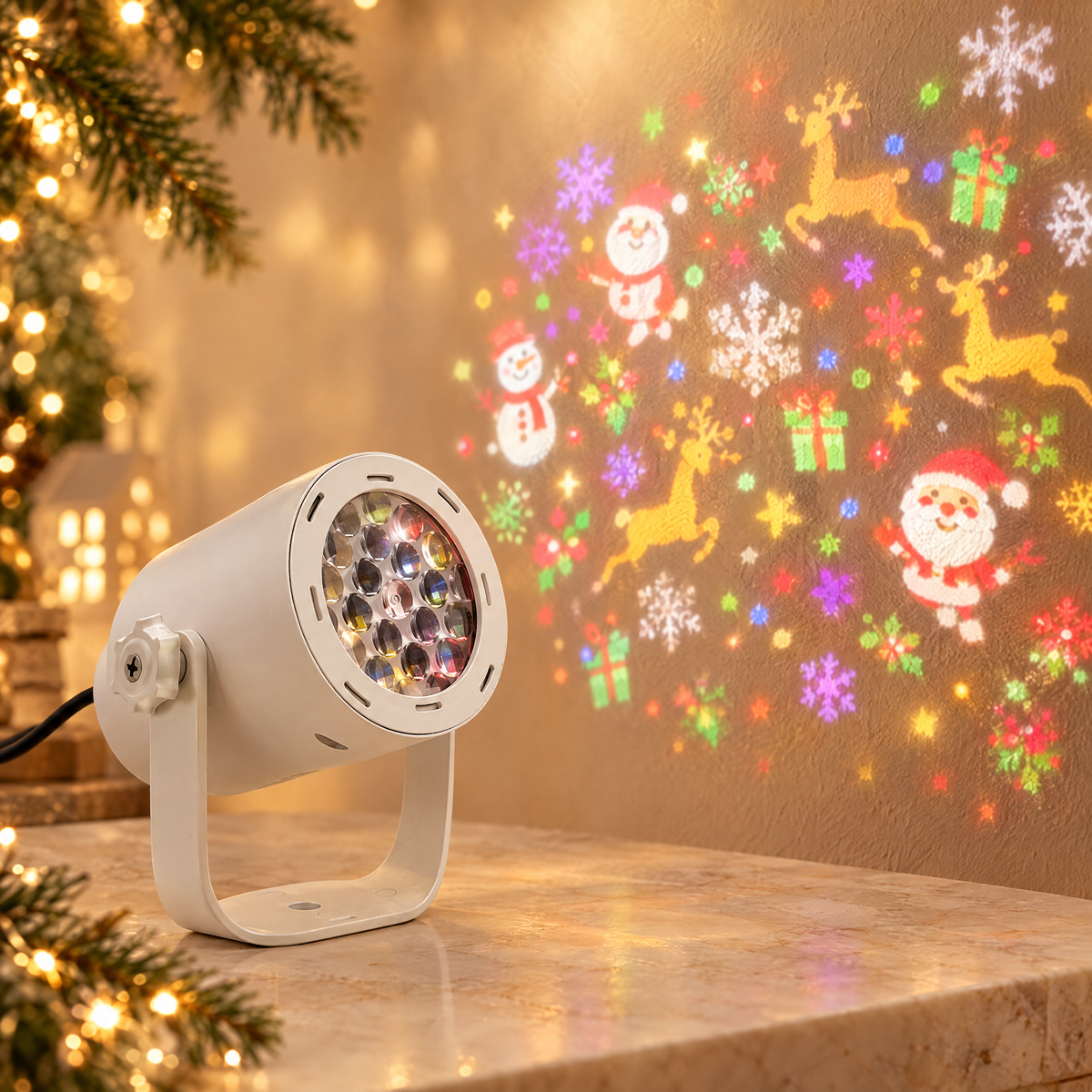 Christmas Projection Snowflake LED Decoration Light — Christmas wall projection in warm ivory setting