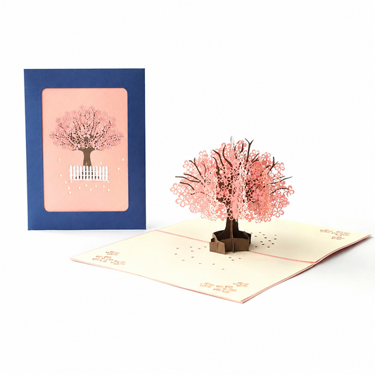Romantic cherry tree pop-up greeting card shown open and closed