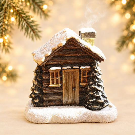 Snowy Christmas cabin incense burner with two trees and chimney smoke