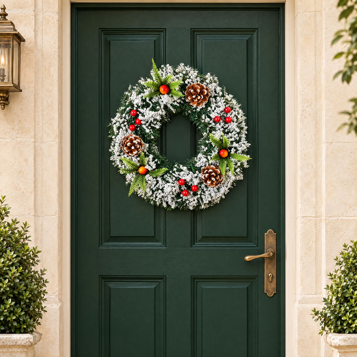 Christmas wreath styled on a sheltered green front door, 40 cm option