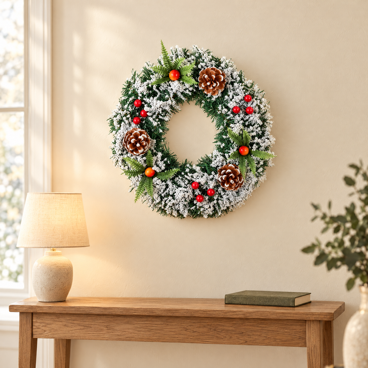 Christmas wreath styled above an oak console, 40 cm option