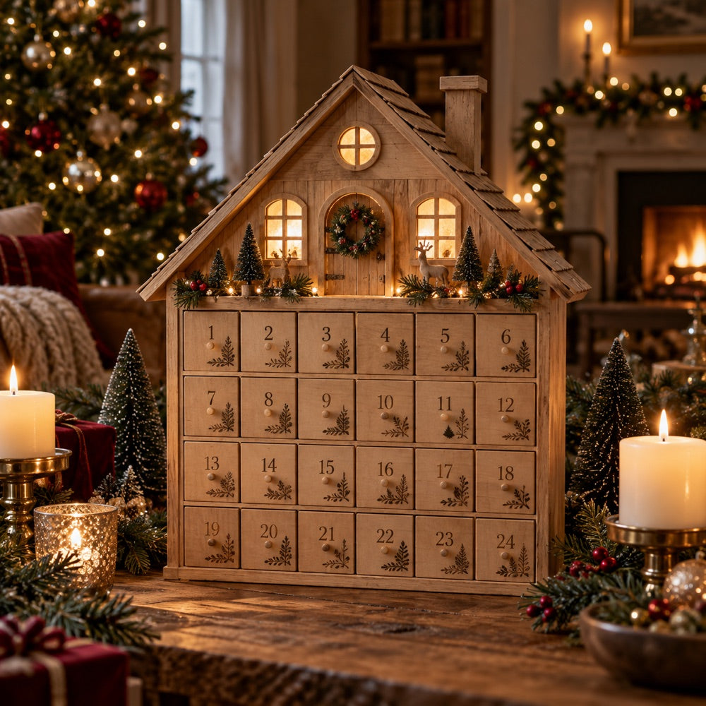 Wooden Advent calendar in a cozy Christmas setting