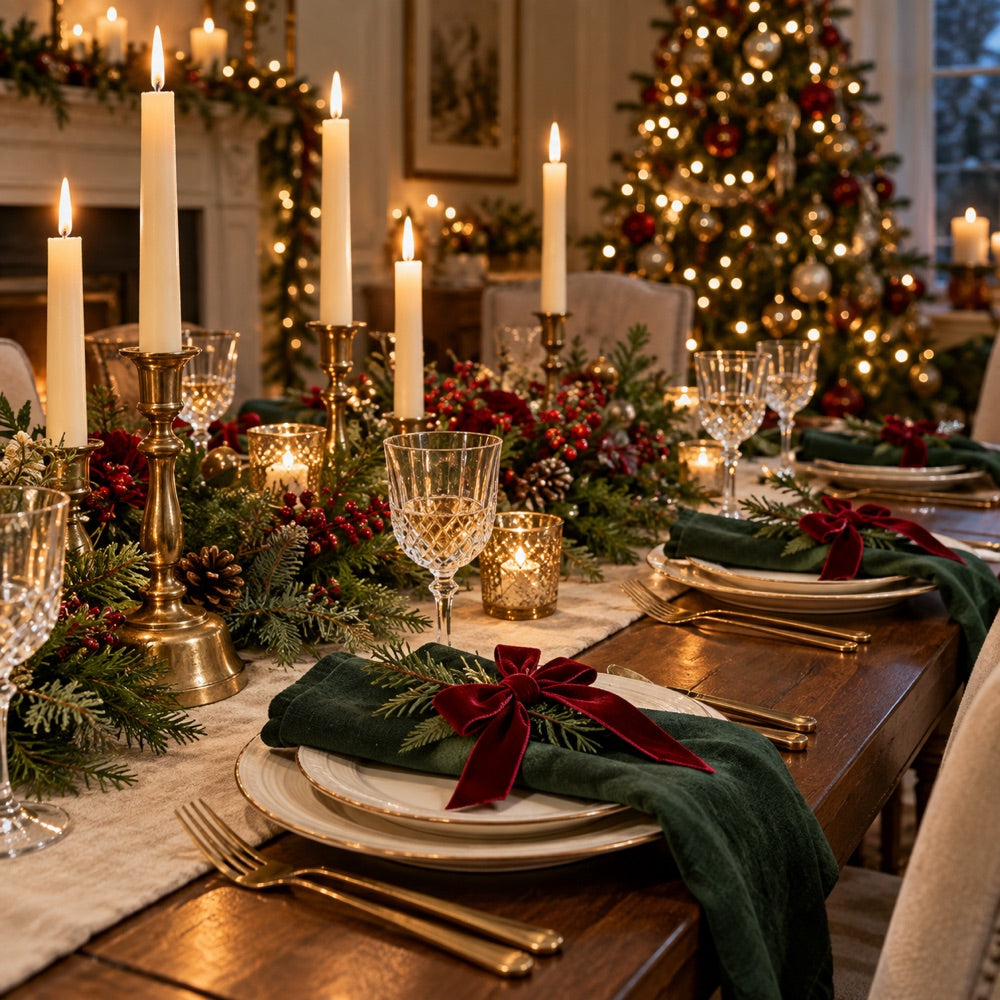 Candlelit Christmas dining table with evergreen foliage and velvet ribbons