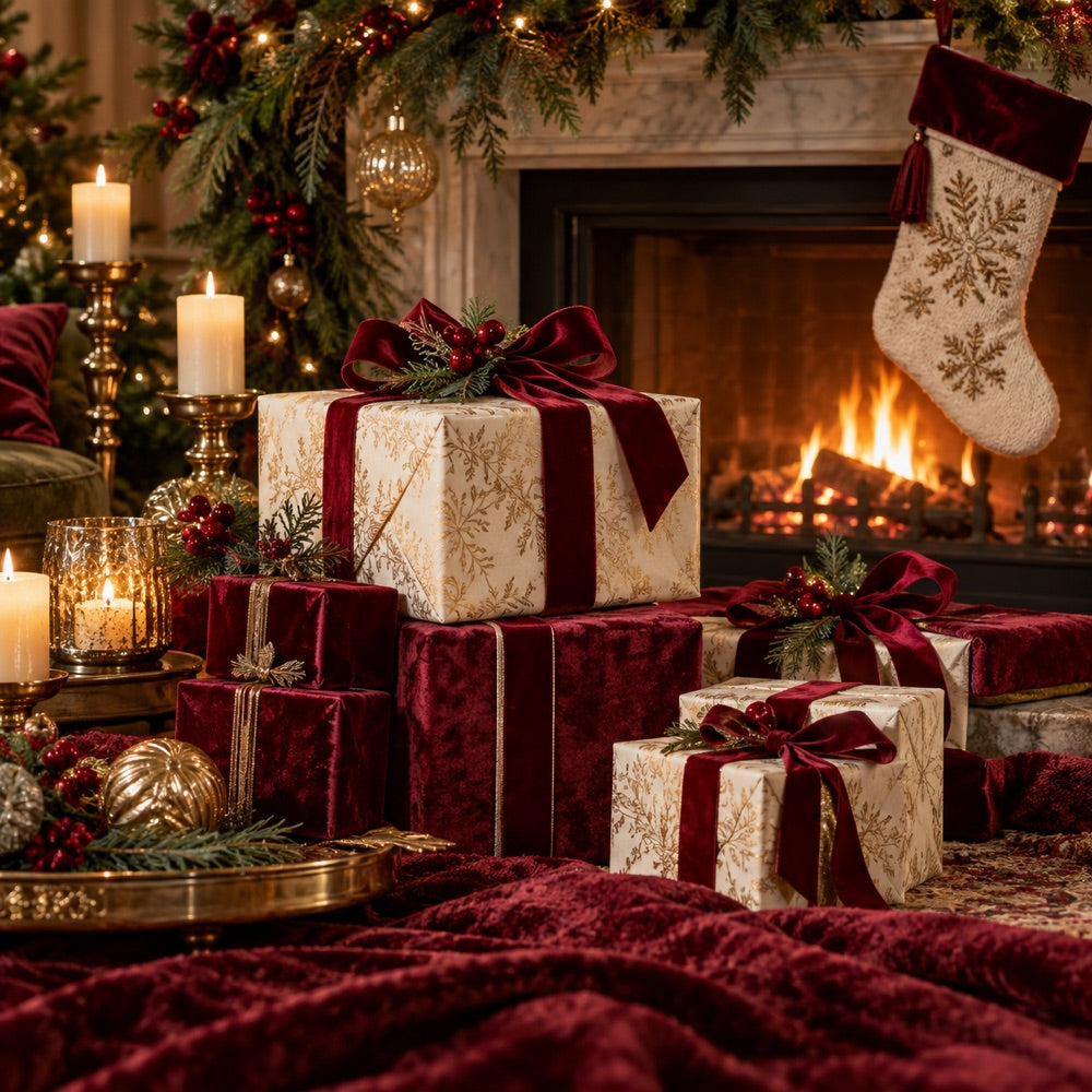 Wrapped Christmas gifts and a festive stocking