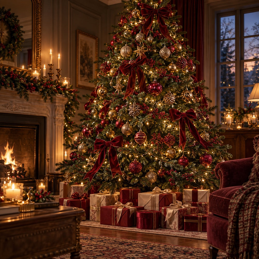 Christmas tree decorated with cranberry ribbons and warm lights