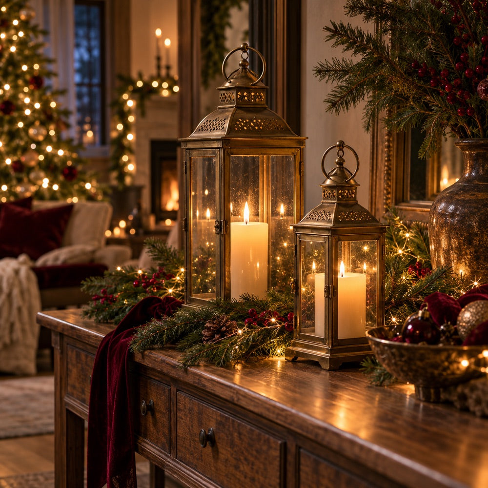 Warm Christmas lanterns and glowing string lights