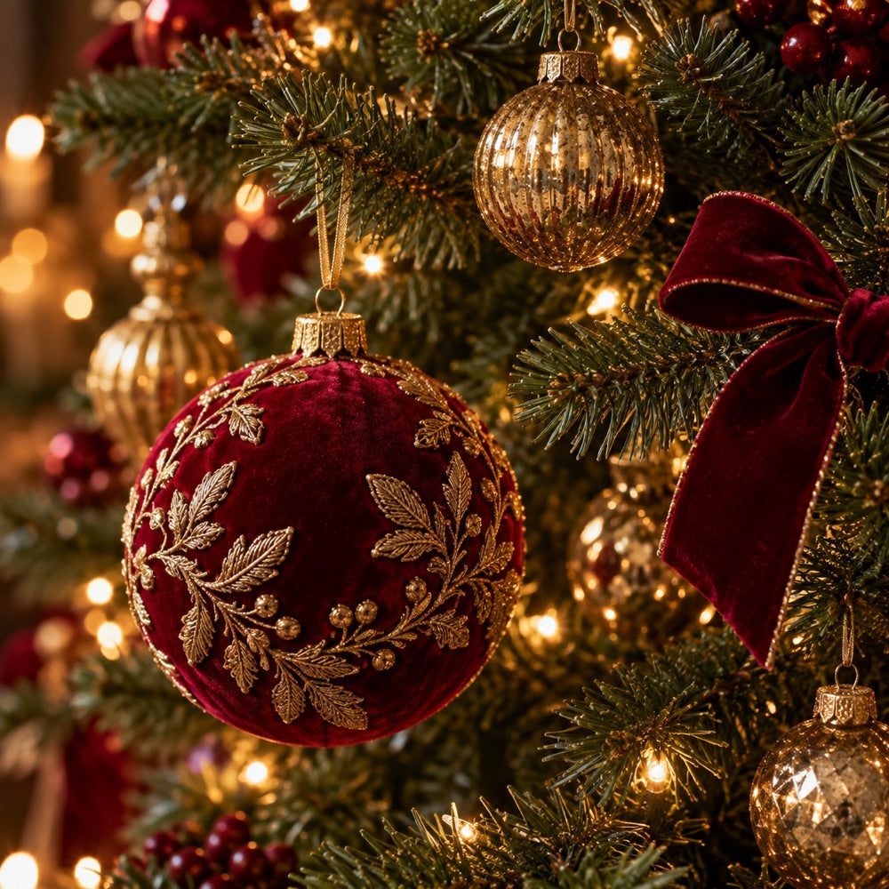 Gold and cranberry ornaments nestled among evergreen branches