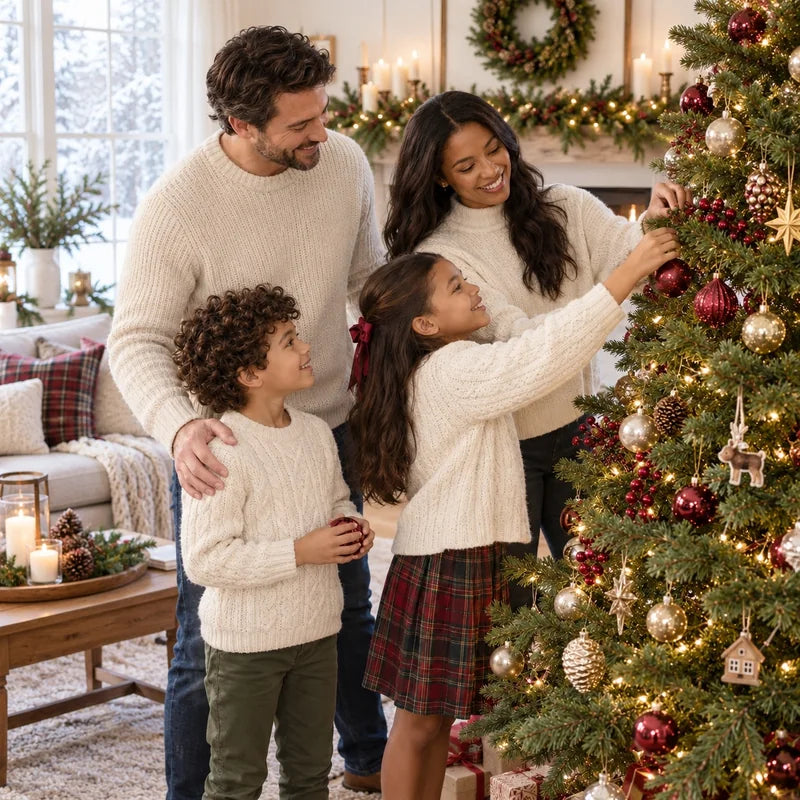 A happy family decorating their Christmas tree together in a warmly lit home